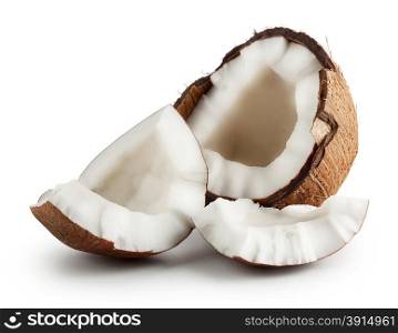 Broken raw ripe coconut isolated on white background