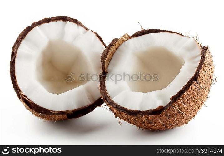 Broken ripe coconut isolated on white background