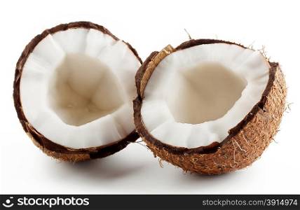 Broken ripe coconut isolated on white background