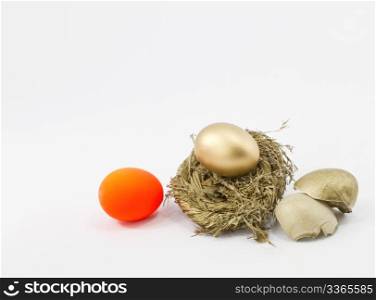 Broken shells and red egg next to gold egg in nest indicate an investment crisis underway.