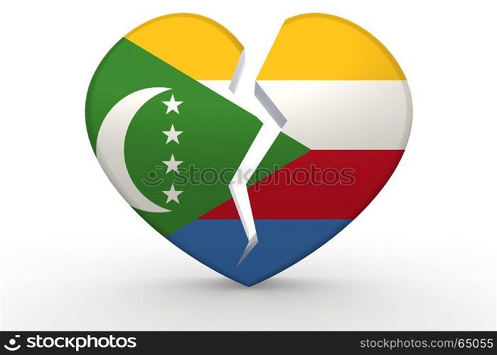 Broken white heart shape with Comoros flag, 3D rendering