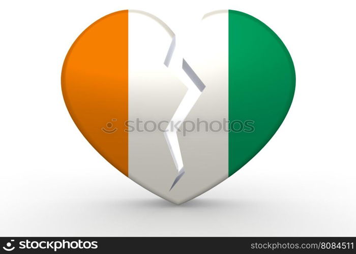 Broken white heart shape with Ivory Coast flag, 3D rendering