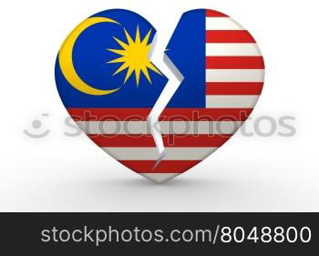 Broken white heart shape with Malaysia flag, 3D rendering