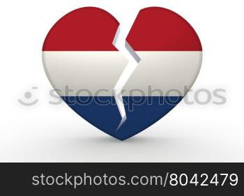 Broken white heart shape with Netherlands flag, 3D rendering