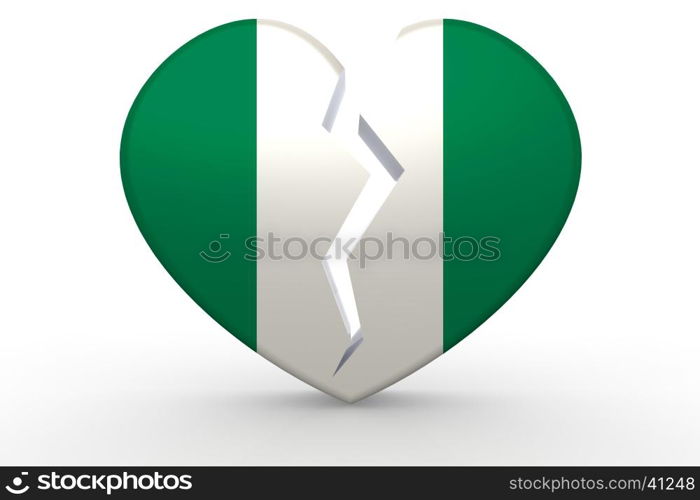 Broken white heart shape with Nigeria flag, 3D rendering