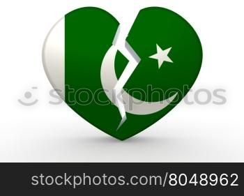 Broken white heart shape with Pakistan flag, 3D rendering