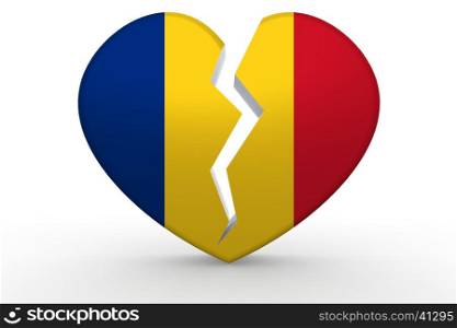 Broken white heart shape with Romania flag, 3D rendering