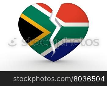 Broken white heart shape with South Africa flag, 3D rendering