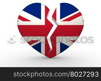 Broken white heart shape with United Kingdom flag, 3D rendering