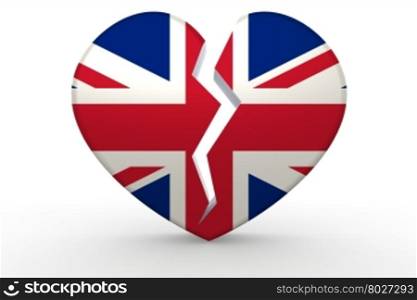 Broken white heart shape with United Kingdom flag, 3D rendering