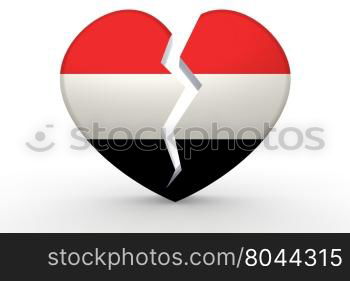 Broken white heart shape with Yemen flag, 3D rendering