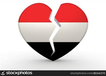 Broken white heart shape with Yemen flag, 3D rendering