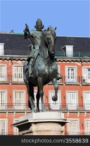 Bronze equestrian statue of King Philip III from 1616 at the Plaza Mayor in Madrid, Spain.