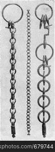 Bronze jaw chains for horses, vintage engraved illustration. From the Universe and Humanity, 1910.