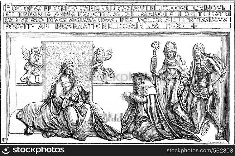 Bronze relief bottom of the tomb of Cardinal Friedrich Jagiello in the cathedral of Krakow, vintage engraved illustration. Magasin Pittoresque 1869.
