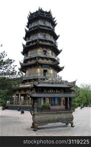 Bronze shrine and high pagoda in buddhist temple, Jiuhua Shan, China