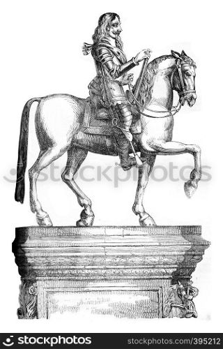 Bronze statue of Charles I, melted in 1635, vintage engraved illustration. Colorful History of England, 1837.