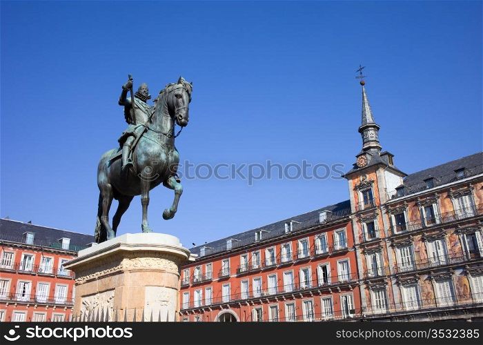 Bronze statue of King Philip III constructed in 1616 by Giovanni de Bologna and Pietro Tacca at the Plaza Mayor in Madrid, Spain.