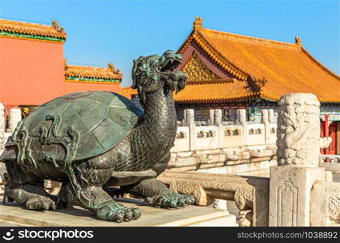Bronze tortoise with a dragon head statue Baxia, in front of Palace of Heavenly Purity, Forbidden City, Beijing, China
