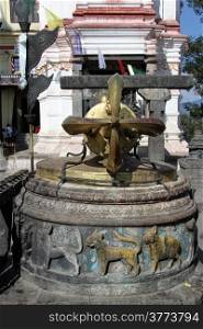 Bronze vajra on the stone shrine in Swayambhunath