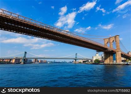Brooklyn and Manhattan bridges from East River New York US