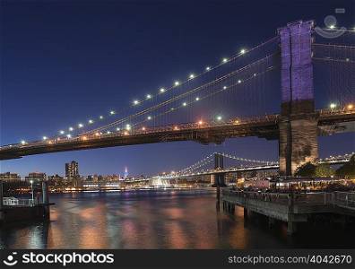 Brooklyn and Manhattan Bridges in evening light, Manhattan, New York, USA