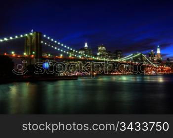 Brooklyn Bridge and Manhattan at sunset, New York