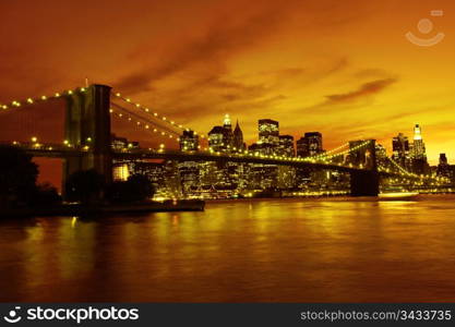 Brooklyn Bridge and Manhattan at sunset, New York, sepia tone