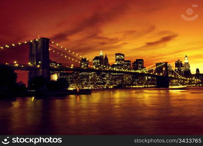 Brooklyn Bridge and Manhattan at sunset, New York, sepia tone