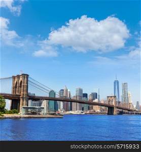 Brooklyn Bridge and Manhattan skyline New York city sunshine US
