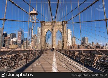 Brooklyn bridge at the morning, USA downtown skyline, Architecture and building with tourist concept