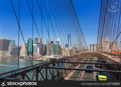 Brooklyn Bridge traffic and Manhattan New York City US USA