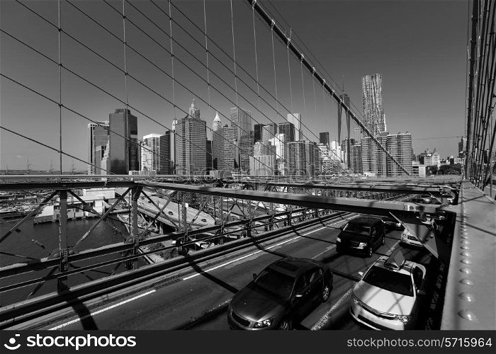 Brooklyn Bridge traffic and Manhattan New York City US USA