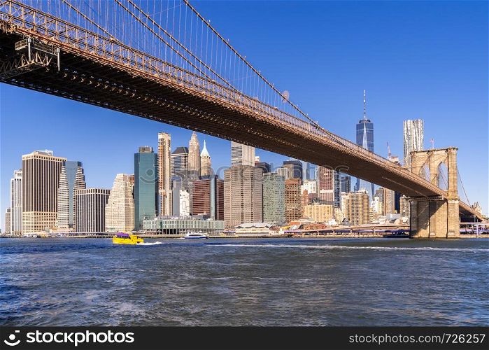 Brooklyn bridge with Lower Manhattan skyscrapers building from Brooklyn New York City in New York State NY , USA