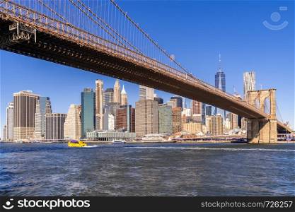 Brooklyn bridge with Lower Manhattan skyscrapers building from Brooklyn New York City in New York State NY , USA