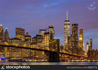 Brooklyn bridge with Lower Manhattan skyscrapers bulding for New York City in New York State NY , USA