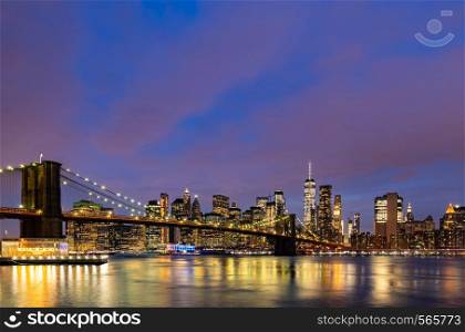 Brooklyn bridge with Lower Manhattan skyscrapers bulding for New York City in New York State NY , USA