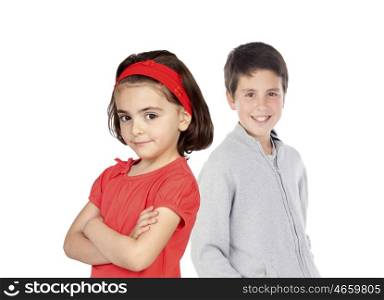 Brother and sister. Girl dressed in red and happy boy background