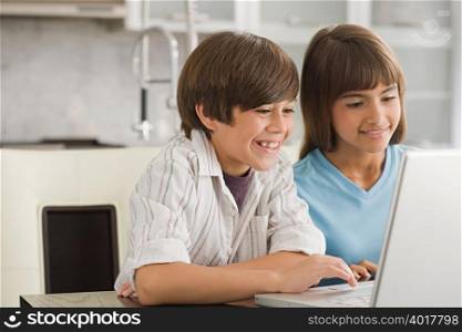 Brother and sister using a laptop computer
