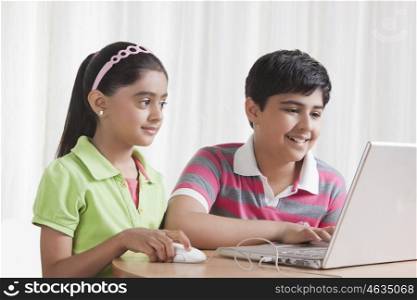 Brother and sister using laptop