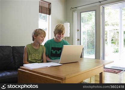 Brothers (6-11) sitting at table using laptop, smiling