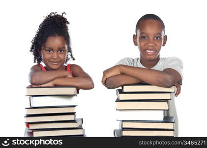 Brothers supported on a stack of books isolated on white
