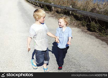 Brothers walking together, holding hands