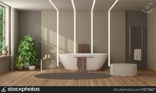 Brown and beige modern bathroom with bathtub against wooden paneling with led light - 3d rendering. Modern home bathroom with bathtub against wooden paneling