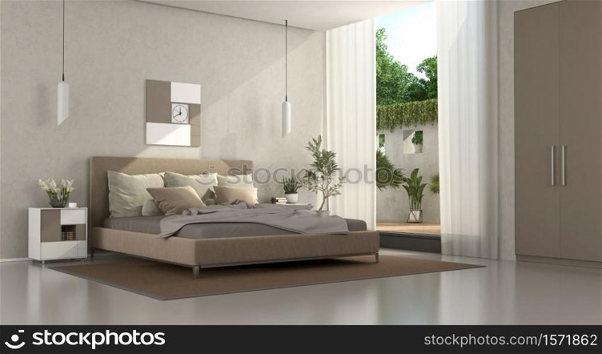 Brown and beige modern master bedroom with double bed, nightstand and wardrobe - 3d rendering. Brown and beige modern master bedroom