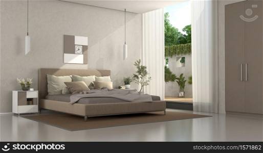 Brown and beige modern master bedroom with double bed, nightstand and wardrobe - 3d rendering. Brown and beige modern master bedroom