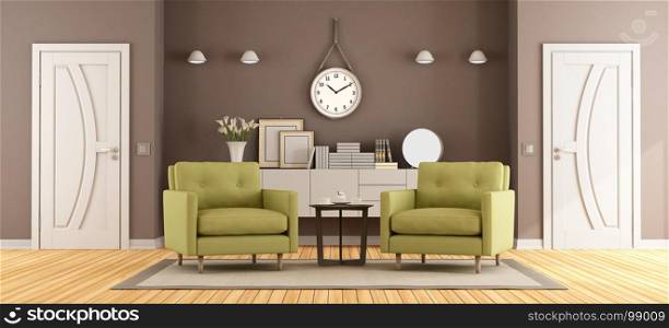 Brown and green living room. Brown and green living room with armchairs,closed doors and sideboard on wall - 3d rendering