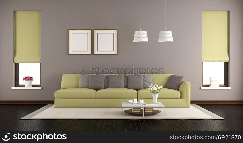 Brown and green living room. Brown and green living room with modern sofa and two window - 3d rendering