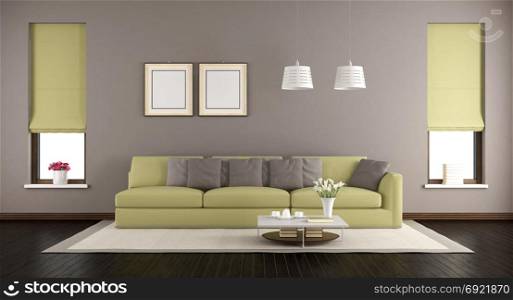 Brown and green living room. Brown and green living room with modern sofa and two window - 3d rendering