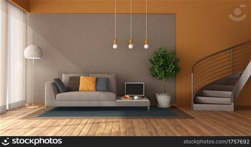 Brown and orange modern living room with sofa and wooden staircase - 3d rendering. Modern living room with sofa and staircase